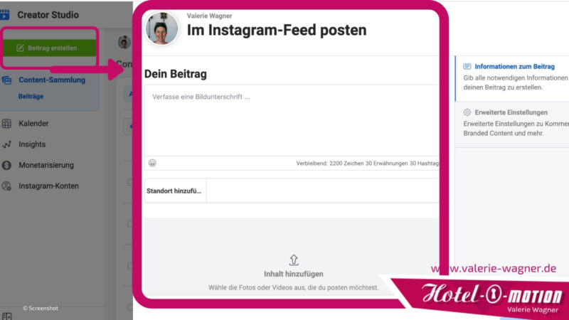 Klicke auf "Beitrag erstellen" und starte mit dem Texten und Bebildern deines Instagram-News-Feed-Posts.