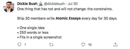 Dickie Bush über Atomic Essays auf Twitter.