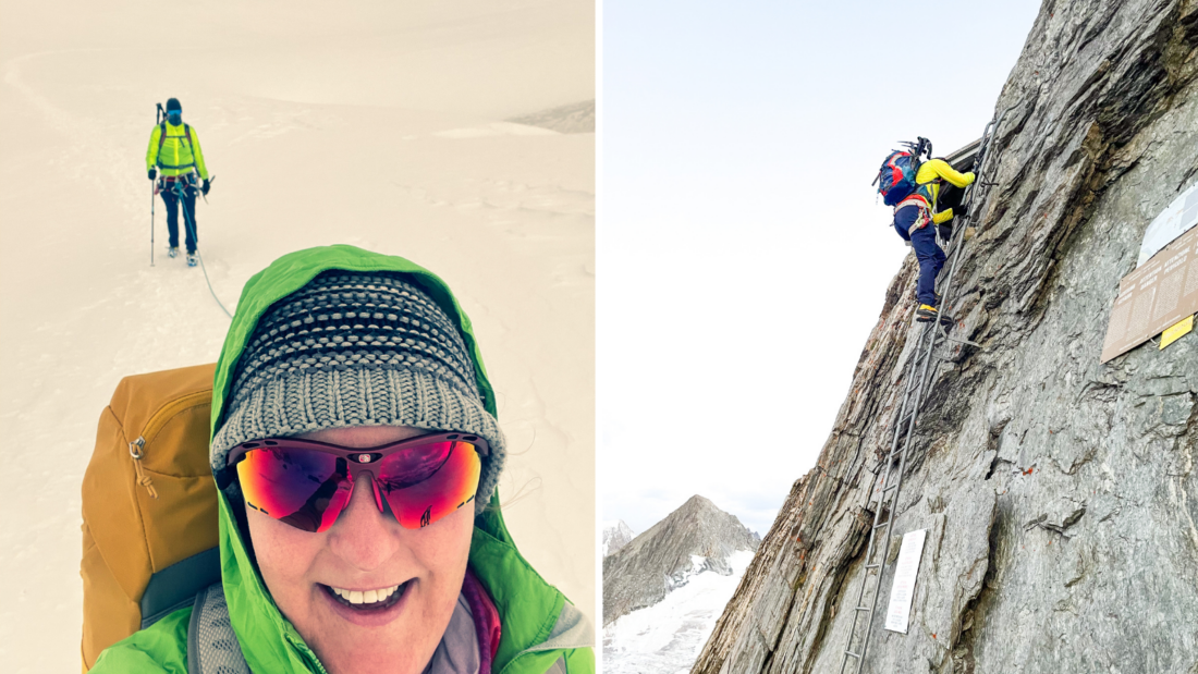 Links: Valerie und ihr Mann auf der ersten Etappe vom Jungfraujoch zur Konkordiahütte. Rechts Jörg beim Abstieg von der Oberaarjochhütte zur letzten Etappe Richtung Grimselpass. (Foto: Valerie Wagner)