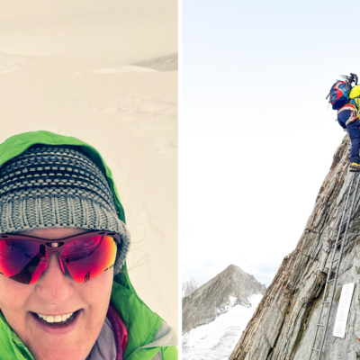 Links: Valerie und ihr Mann auf der ersten Etappe vom Jungfraujoch zur Konkordiahütte. Rechts Jörg beim Abstieg von der Oberaarjochhütte zur letzten Etappe Richtung Grimselpass. (Foto: Valerie Wagner)